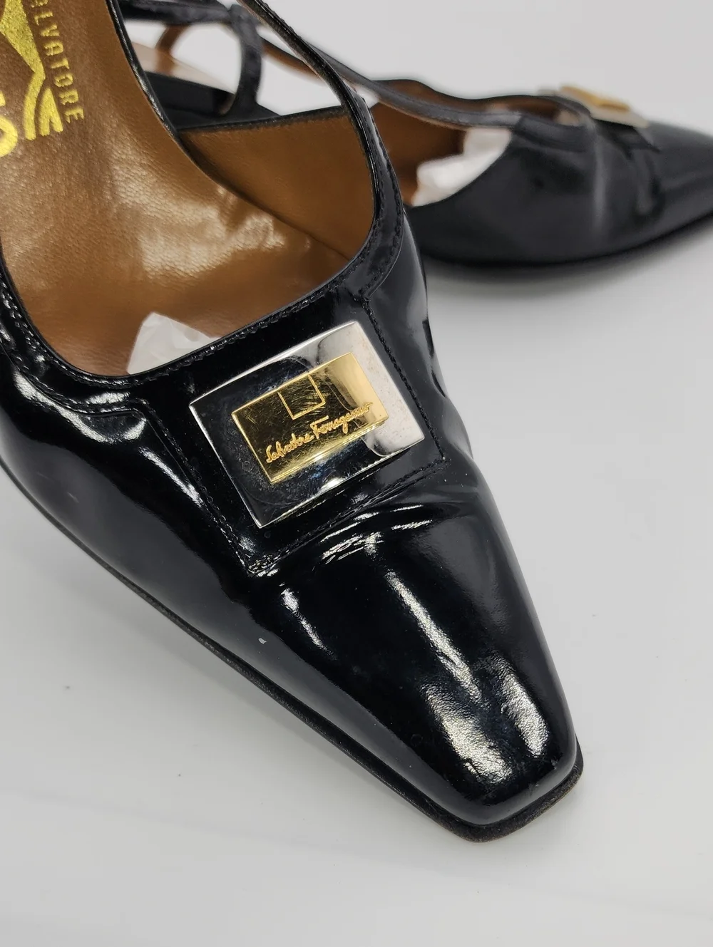 Vintage Salvatore Ferragamo Black Patent Leather Slingback Pumps Square Toe 9 C